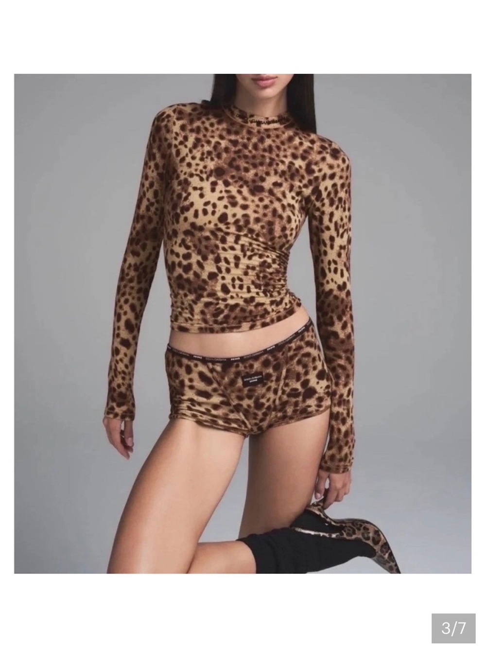 SKIMS x Dolce & Gabbana Leopard Print Long Sleeve Mesh Tee in Brown